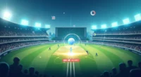 An illuminated cricket stadium filled with a cheering crowd, showcasing players in action on the field. Overlays of data charts, trajectories, and analytics symbols are displayed, representing the integration of data analytics in cricket match predictions, with a BBC Sport logo prominently visible.
