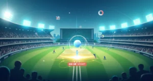An illuminated cricket stadium filled with a cheering crowd, showcasing players in action on the field. Overlays of data charts, trajectories, and analytics symbols are displayed, representing the integration of data analytics in cricket match predictions, with a BBC Sport logo prominently visible.