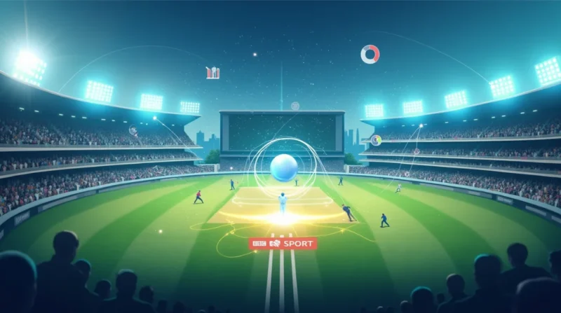 An illuminated cricket stadium filled with a cheering crowd, showcasing players in action on the field. Overlays of data charts, trajectories, and analytics symbols are displayed, representing the integration of data analytics in cricket match predictions, with a BBC Sport logo prominently visible.