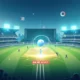 An illuminated cricket stadium filled with a cheering crowd, showcasing players in action on the field. Overlays of data charts, trajectories, and analytics symbols are displayed, representing the integration of data analytics in cricket match predictions, with a BBC Sport logo prominently visible.