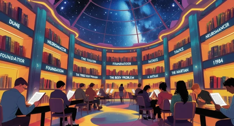 A collection of the best science fiction novels of all time displayed on a bookshelf.