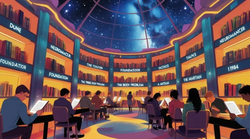 A collection of the best science fiction novels of all time displayed on a bookshelf.