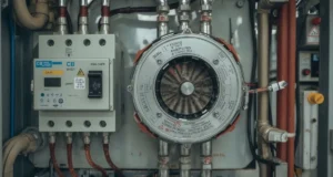 CB current transformer installed on a circuit breaker in an electrical panel.