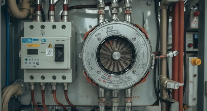CB current transformer installed on a circuit breaker in an electrical panel.
