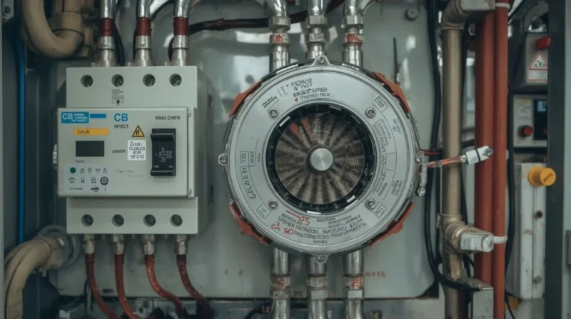 CB current transformer installed on a circuit breaker in an electrical panel.