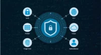 Illustration of layered cybersecurity with shield, lock, firewall, AI, and user authentication symbols.
