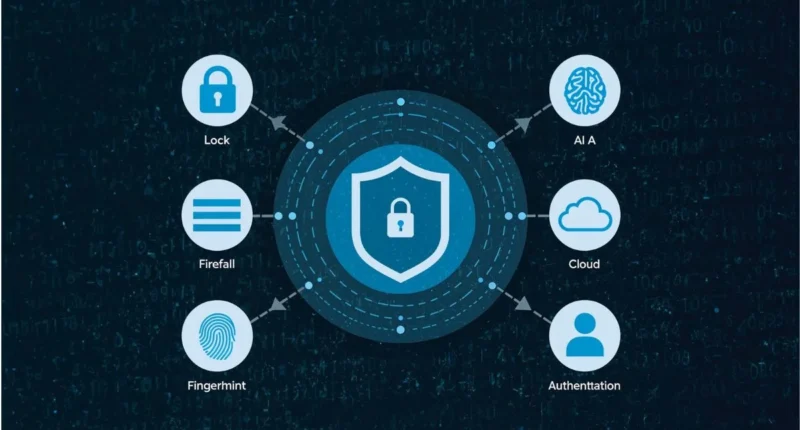 Illustration of layered cybersecurity with shield, lock, firewall, AI, and user authentication symbols.