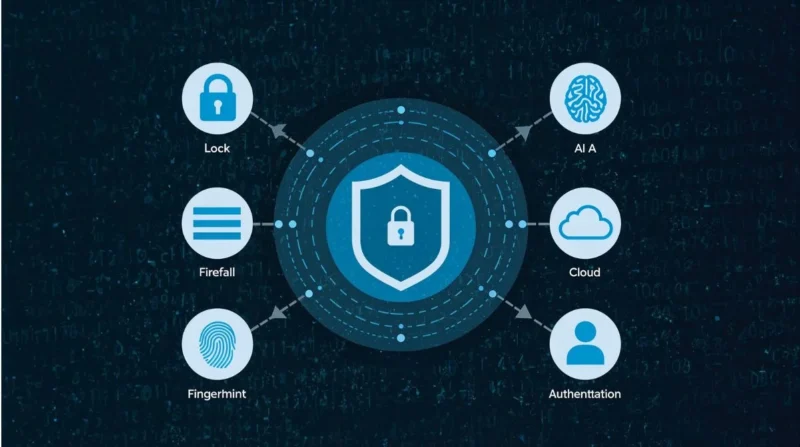 Illustration of layered cybersecurity with shield, lock, firewall, AI, and user authentication symbols.