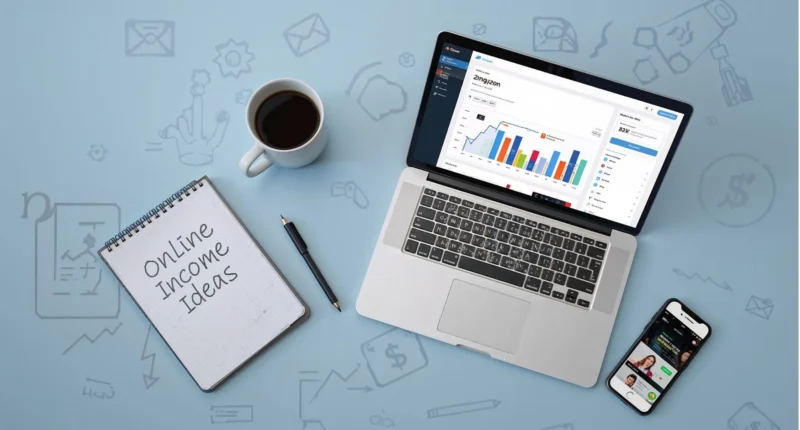 Digital workspace showing Zingyzon dashboard, affiliate earnings, and marketing tools for making money online.