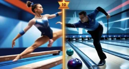 Split-screen image of a gymnast mid-flip and a bowler in action, with perfect 10 and 300 scores, symbolizing elite athletic feats.