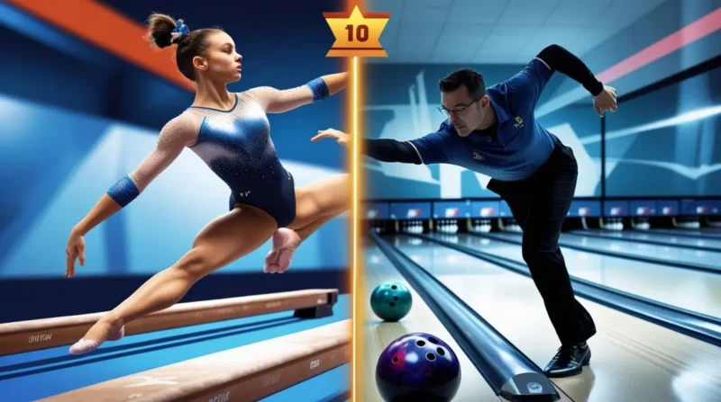 Split-screen image of a gymnast mid-flip and a bowler in action, with perfect 10 and 300 scores, symbolizing elite athletic feats.
