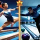 Split-screen image of a gymnast mid-flip and a bowler in action, with perfect 10 and 300 scores, symbolizing elite athletic feats.