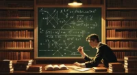 Mathematician writing complex equations on a chalkboard surrounded by books, illustrating the hardest math equation in a cozy library setting.
