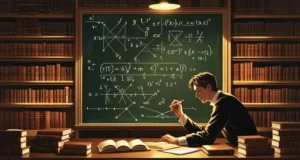 Mathematician writing complex equations on a chalkboard surrounded by books, illustrating the hardest math equation in a cozy library setting.