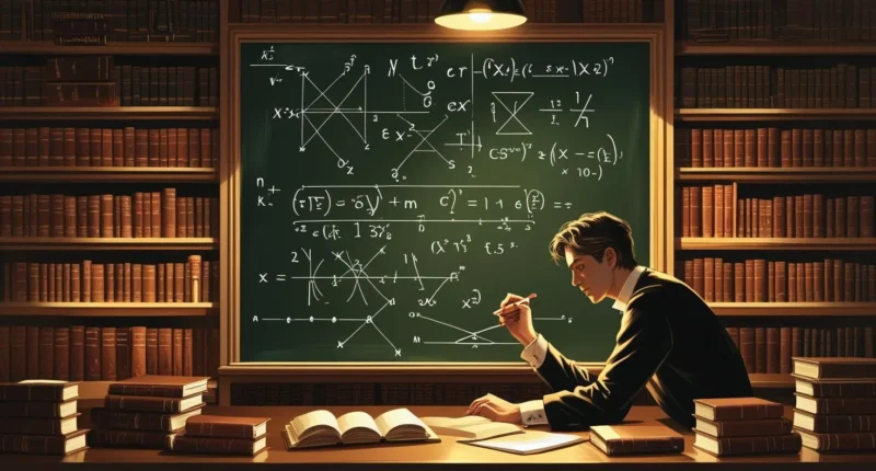 Mathematician writing complex equations on a chalkboard surrounded by books, illustrating the hardest math equation in a cozy library setting.