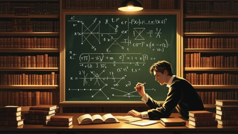 Mathematician writing complex equations on a chalkboard surrounded by books, illustrating the hardest math equation in a cozy library setting.