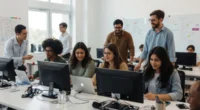 Students in a computer lab working together on coding projects and discussing ideas.