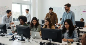 Students in a computer lab working together on coding projects and discussing ideas.