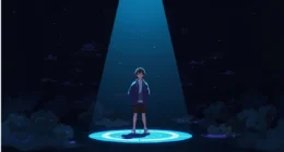 Anime-style VTuber standing alone on a dark stage, symbolizing the hidden struggles behind Kurosanji and the Nijisanji agency.