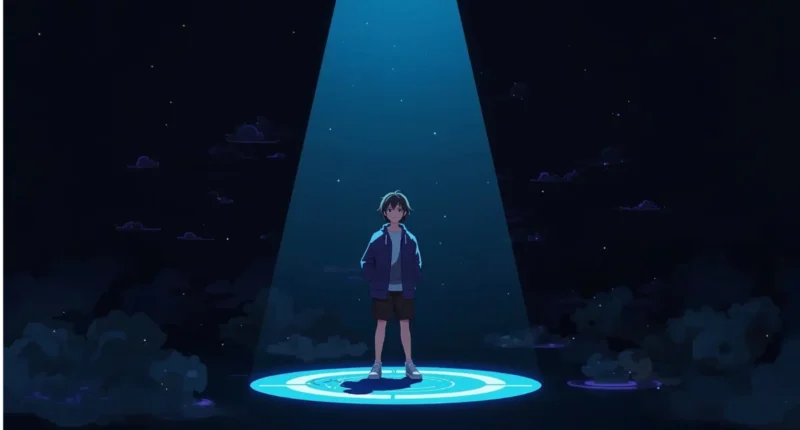 Anime-style VTuber standing alone on a dark stage, symbolizing the hidden struggles behind Kurosanji and the Nijisanji agency.