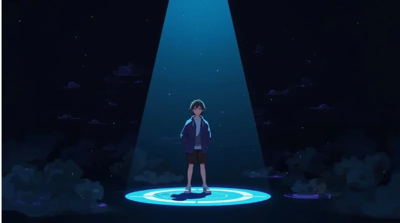 Anime-style VTuber standing alone on a dark stage, symbolizing the hidden struggles behind Kurosanji and the Nijisanji agency.