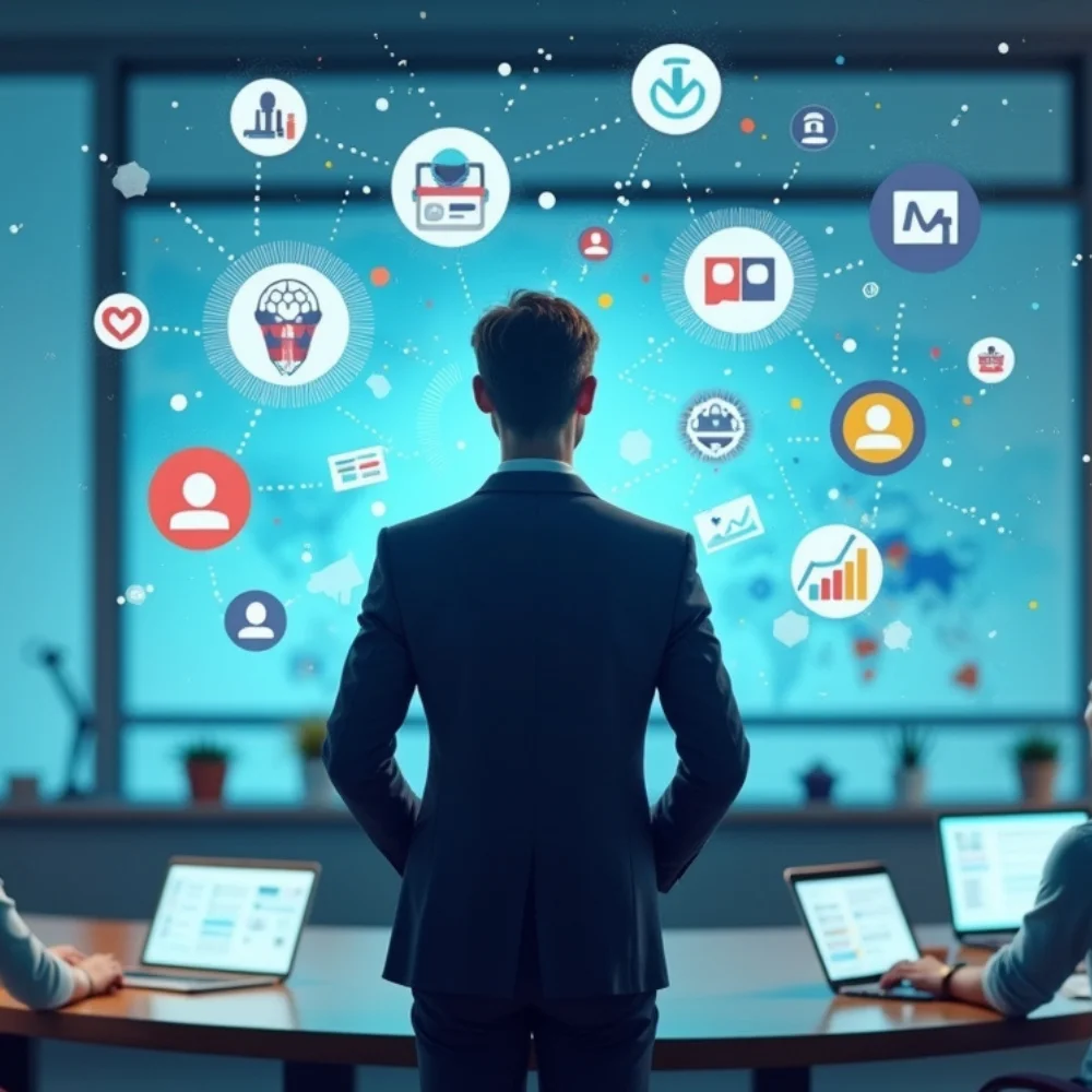 Professional in a business suit standing in a conference room, observing floating icons representing digital marketing tools, analytics, and social media platforms, with team members working on laptops in the foreground.