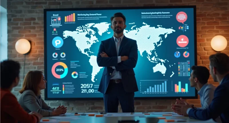 Marketing executive standing confidently in a modern office meeting room with a global analytics dashboard displayed on a large screen behind him, surrounded by team members engaged in discussion." Let me know if you’d like a more tailored description!