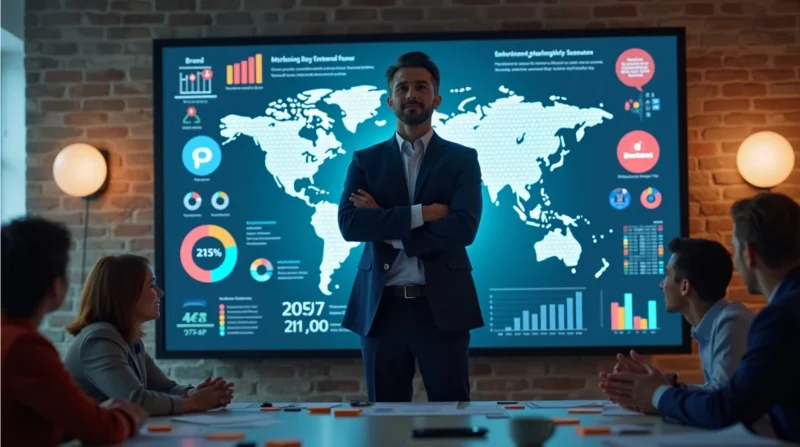 Marketing executive standing confidently in a modern office meeting room with a global analytics dashboard displayed on a large screen behind him, surrounded by team members engaged in discussion." Let me know if you’d like a more tailored description!