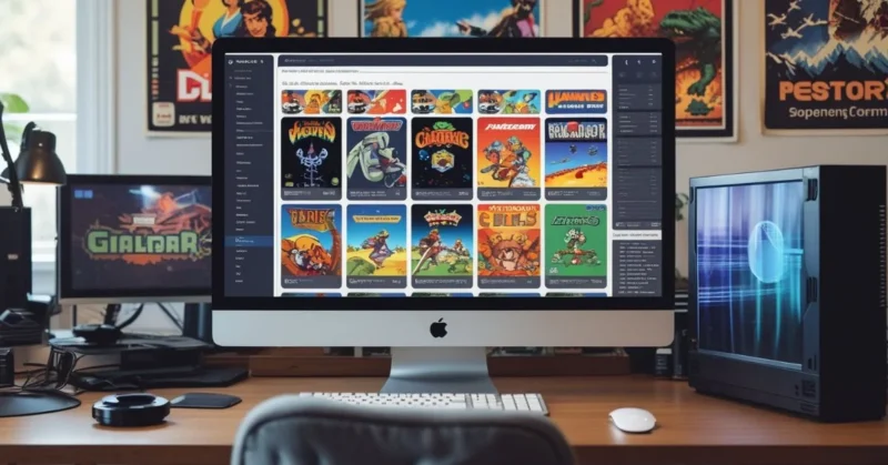 User browsing MobyGames database on a computer, viewing game covers and credits from different platforms.