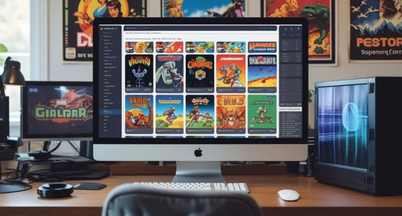 User browsing MobyGames database on a computer, viewing game covers and credits from different platforms.