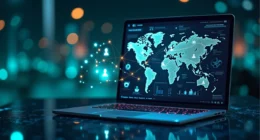 A laptop displaying a futuristic digital interface with a global map and interconnected glowing human icons, representing a network marketing concept in the digital era. The background features a modern, blurred cityscape with glowing bokeh lights.
