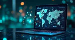 A laptop displaying a futuristic digital interface with a global map and interconnected glowing human icons, representing a network marketing concept in the digital era. The background features a modern, blurred cityscape with glowing bokeh lights.