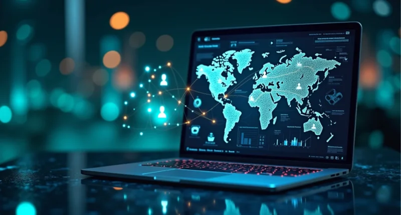 A laptop displaying a futuristic digital interface with a global map and interconnected glowing human icons, representing a network marketing concept in the digital era. The background features a modern, blurred cityscape with glowing bokeh lights.