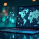 A laptop displaying a futuristic digital interface with a global map and interconnected glowing human icons, representing a network marketing concept in the digital era. The background features a modern, blurred cityscape with glowing bokeh lights.