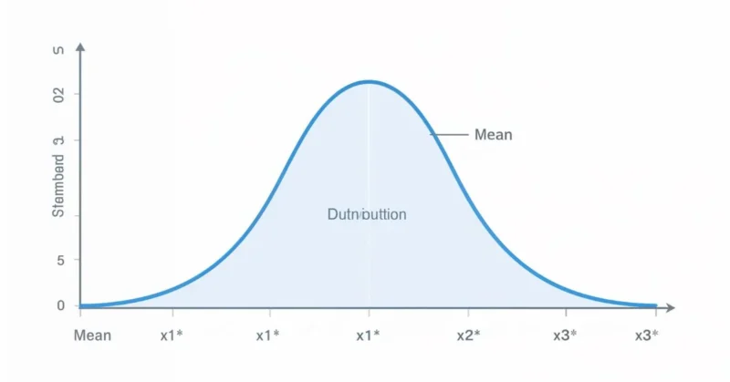 Bell curve showing normal distribution with mean and standard deviations labeled