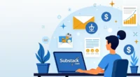 A person sitting at a desk using a laptop displaying the Substack.com logo, surrounded by icons of emails, graphs, dollar signs, and documents symbolizing content marketing, growth, and monetization.
