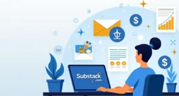 A person sitting at a desk using a laptop displaying the Substack.com logo, surrounded by icons of emails, graphs, dollar signs, and documents symbolizing content marketing, growth, and monetization.