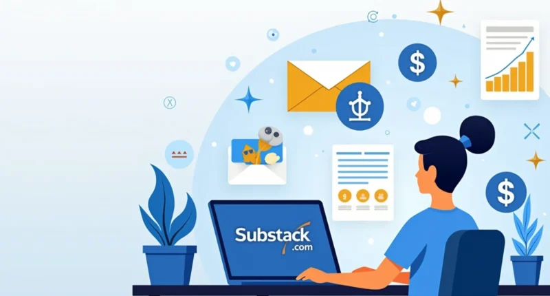 A person sitting at a desk using a laptop displaying the Substack.com logo, surrounded by icons of emails, graphs, dollar signs, and documents symbolizing content marketing, growth, and monetization.