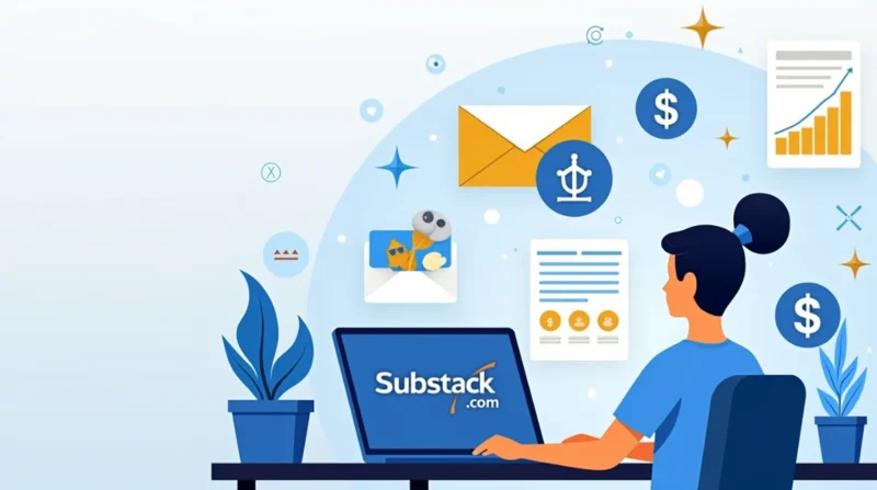 A person sitting at a desk using a laptop displaying the Substack.com logo, surrounded by icons of emails, graphs, dollar signs, and documents symbolizing content marketing, growth, and monetization.