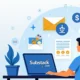 A person sitting at a desk using a laptop displaying the Substack.com logo, surrounded by icons of emails, graphs, dollar signs, and documents symbolizing content marketing, growth, and monetization.