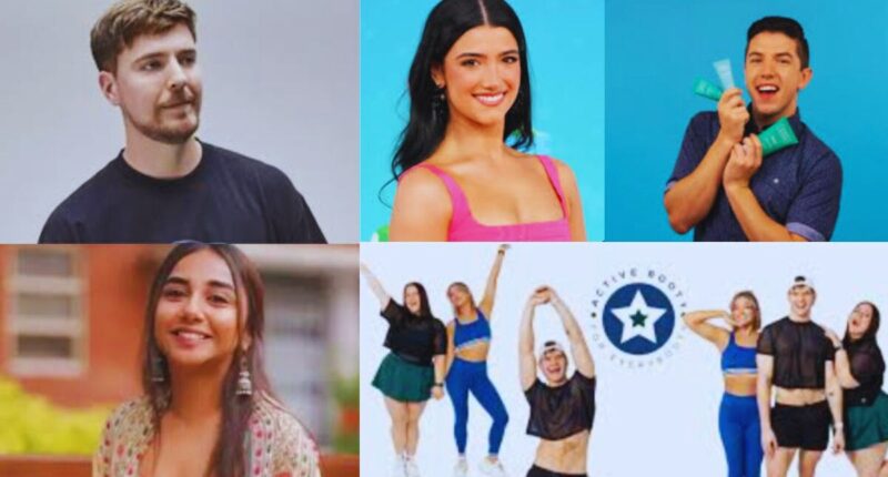 A collage featuring MrBeast, Charli D’Amelio, Hyram Yarbro, Prajakta Koli, and The Fitness Marshall team