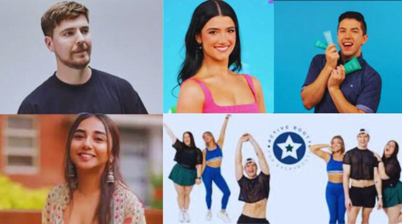 A collage featuring MrBeast, Charli D’Amelio, Hyram Yarbro, Prajakta Koli, and The Fitness Marshall team