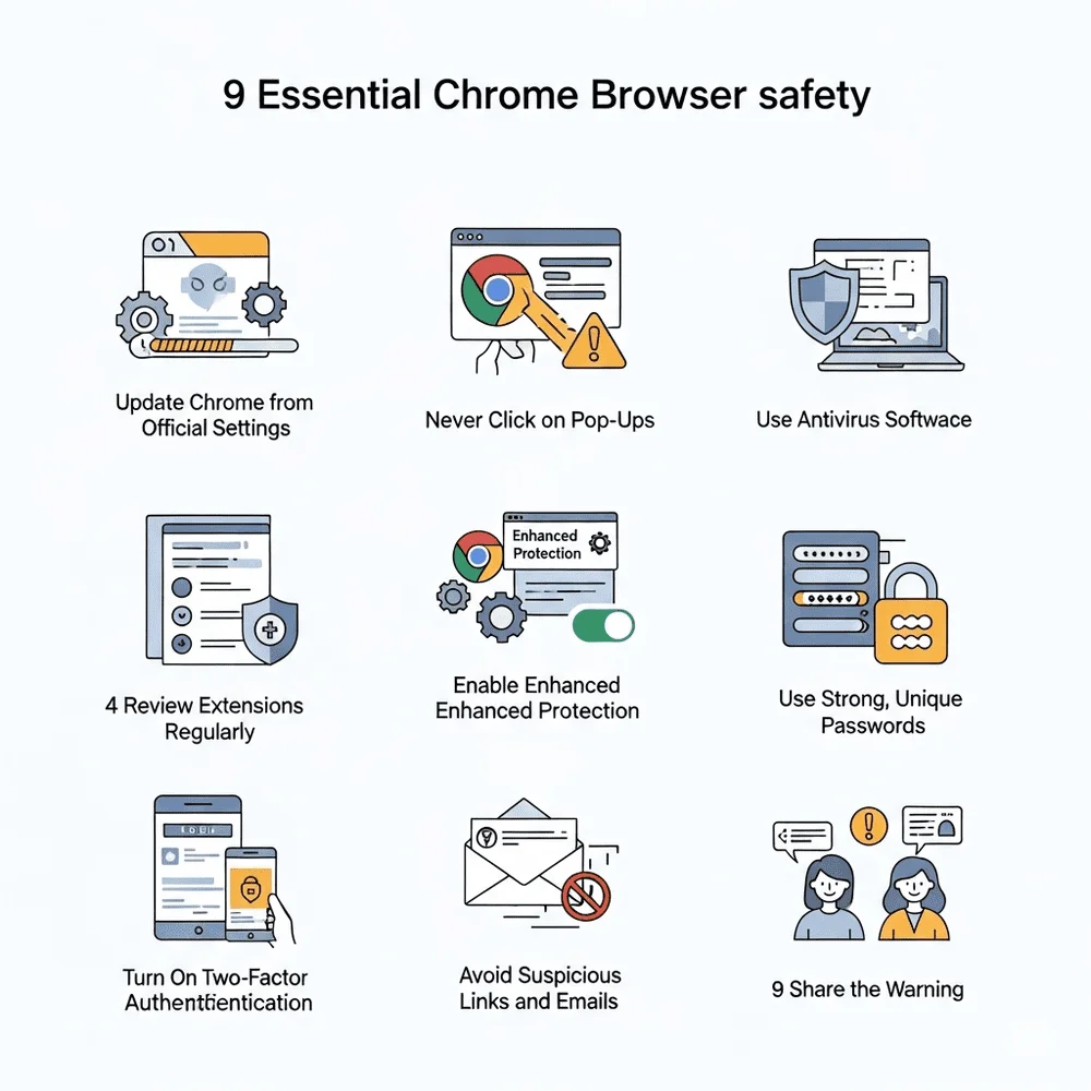 Infographic showing 9 steps to stay safe online from Chrome-related malware threats, including updating Chrome, using antivirus, avoiding fake pop-ups, and enabling 2FA. 