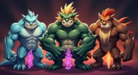 Three cartoon monsters stand ready with labeled stat bars behind them showing health, attack, defense, and speed.