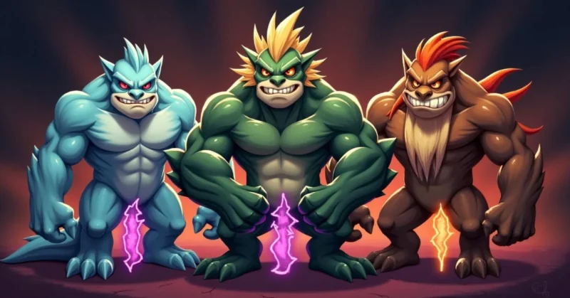 Three cartoon monsters stand ready with labeled stat bars behind them showing health, attack, defense, and speed.