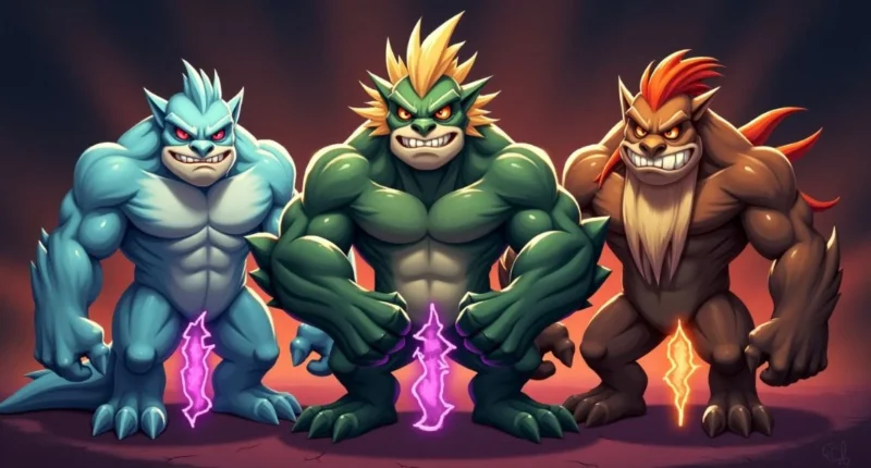 Three cartoon monsters stand ready with labeled stat bars behind them showing health, attack, defense, and speed.
