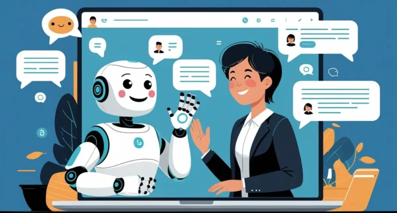A helpful AI chatbot providing customer support on a laptop with real-time messages and happy users.