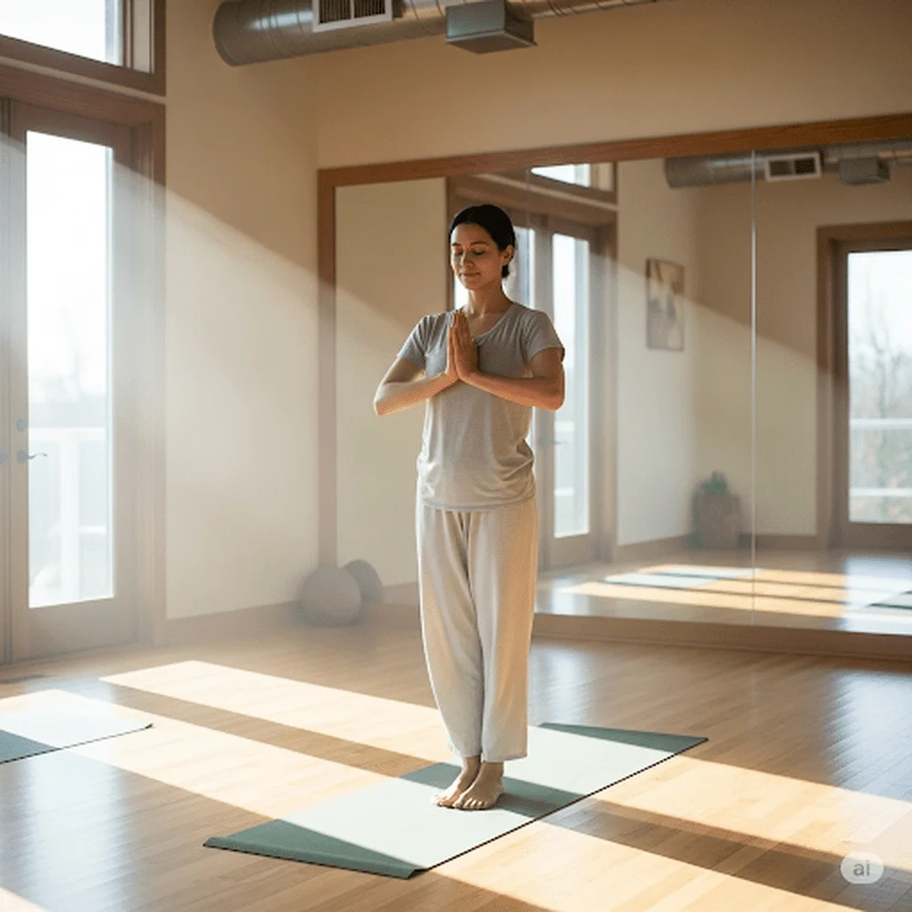 Anjali Mudra gesture in yoga symbolizing gratitude, balance, and peaceful connection.