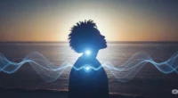 A glowing silhouette of a person surrounded by a radiant blue aura, set against a peaceful ocean and sky background, symbolizing calmness, wisdom, and spiritual energy.