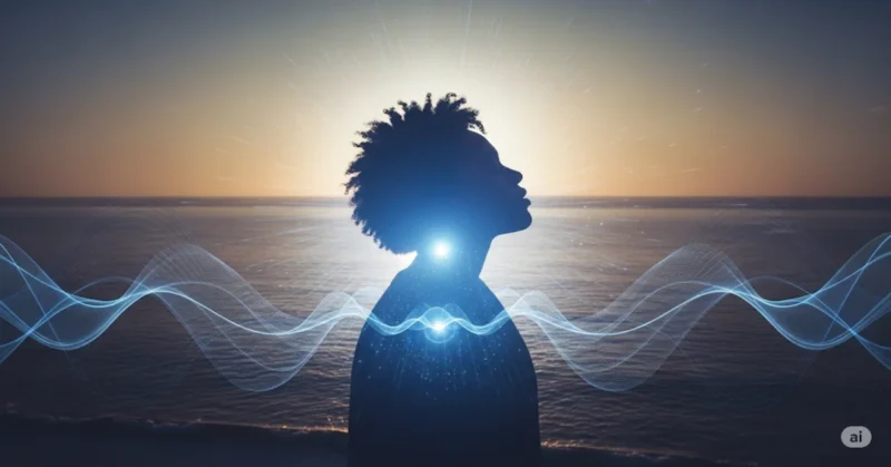 A glowing silhouette of a person surrounded by a radiant blue aura, set against a peaceful ocean and sky background, symbolizing calmness, wisdom, and spiritual energy.